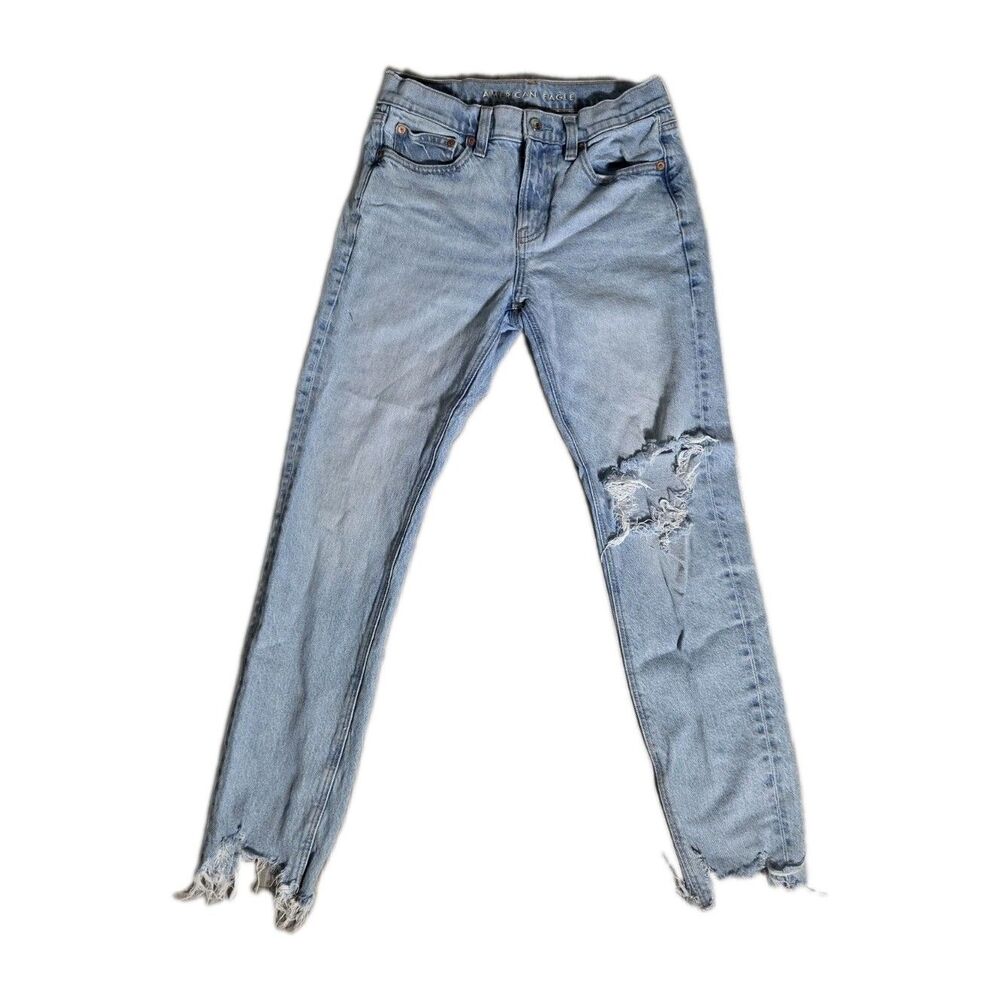 American Eagle 90s Skinny Jeans Light Wash Distressed Ripped Raw Hem Size 4 EUC